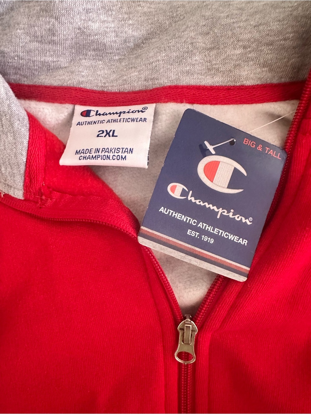 Champion Red Full-Zip Hooded Sweatshirt with Heather Gray Lining